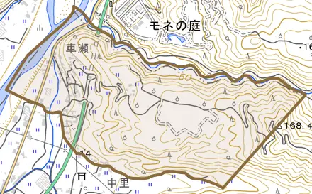 車瀬とその周辺の地図。町の範囲を重ねている