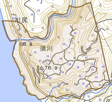 須川とその周辺の地図。町の範囲を重ねている