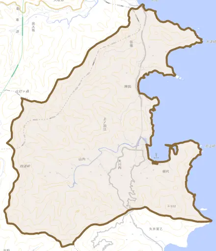 上ノ加江とその周辺の地図。町の範囲を重ねている