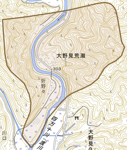 大野見荒瀬とその周辺の地図。町の範囲を重ねている