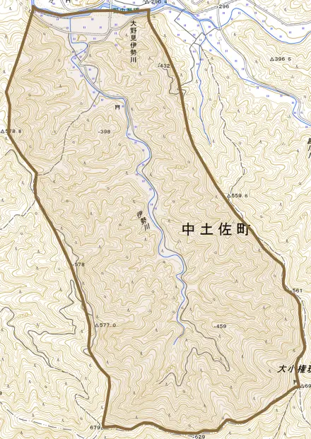 大野見伊勢川とその周辺の地図。町の範囲を重ねている