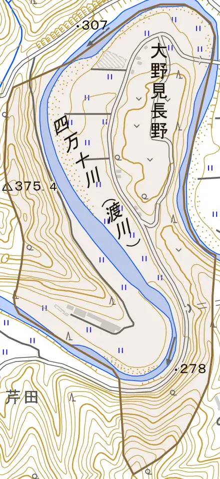 大野見長野とその周辺の地図。町の範囲を重ねている