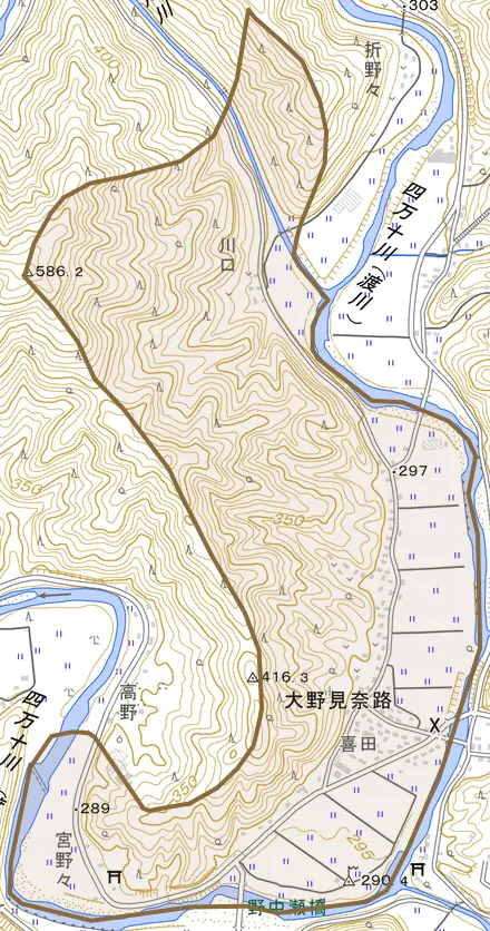 大野見奈路とその周辺の地図。町の範囲を重ねている
