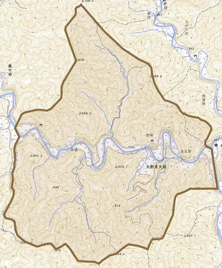 大野見大股とその周辺の地図。町の範囲を重ねている