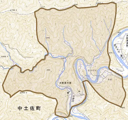 大野見竹原とその周辺の地図。町の範囲を重ねている