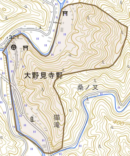 大野見寺野とその周辺の地図。町の範囲を重ねている