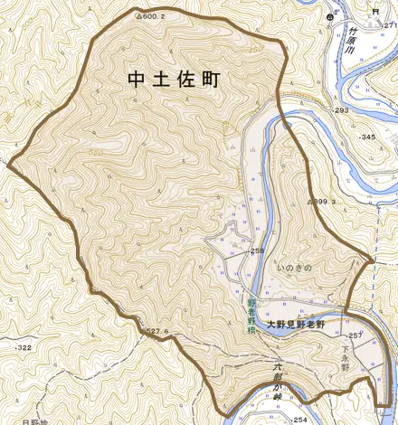 大野見野老野とその周辺の地図。町の範囲を重ねている