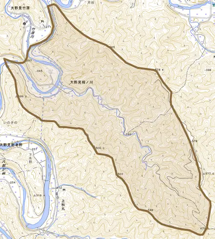 大野見栂ノ川とその周辺の地図。町の範囲を重ねている