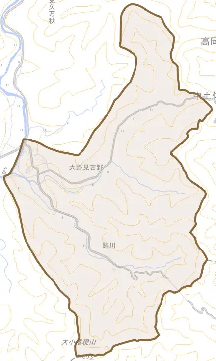 大野見吉野とその周辺の地図。町の範囲を重ねている