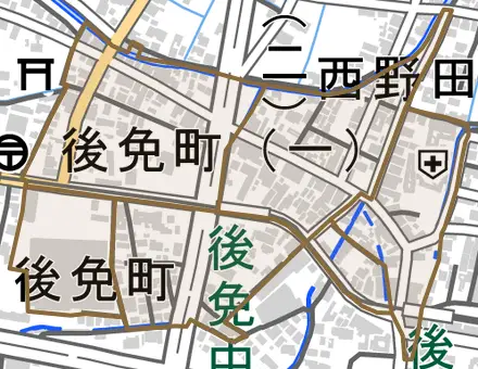 後免町とその周辺の地図。町の範囲を重ねている