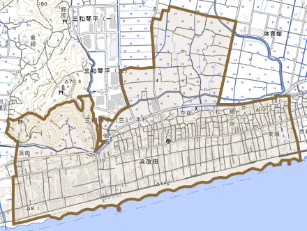 浜改田とその周辺の地図。町の範囲を重ねている