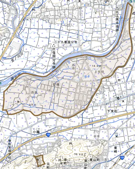 廿枝とその周辺の地図。町の範囲を重ねている