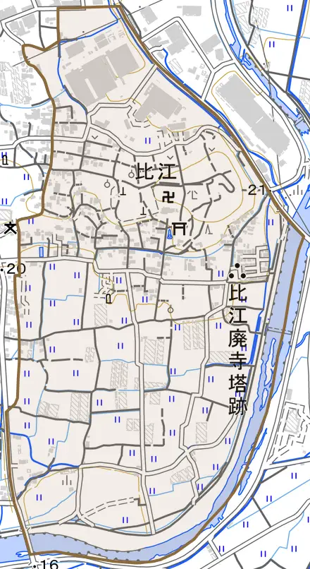 比江とその周辺の地図。町の範囲を重ねている
