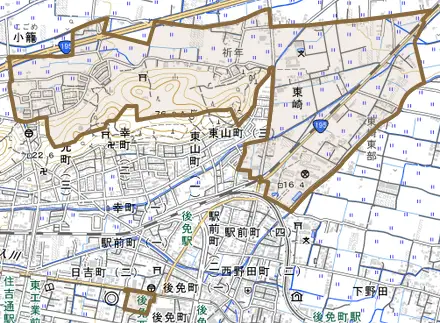 東崎とその周辺の地図。町の範囲を重ねている