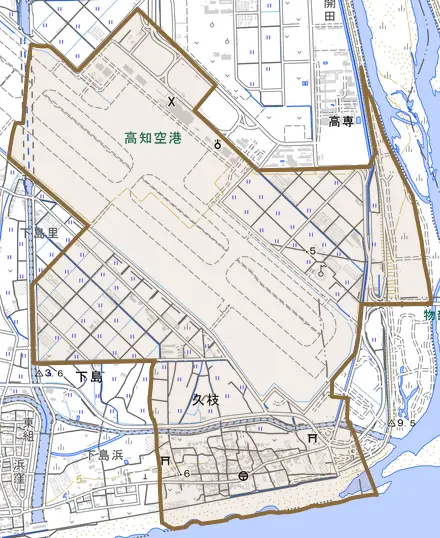 久枝とその周辺の地図。町の範囲を重ねている