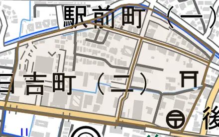 日吉町とその周辺の地図。町の範囲を重ねている