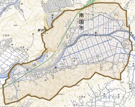 稲生とその周辺の地図。町の範囲を重ねている