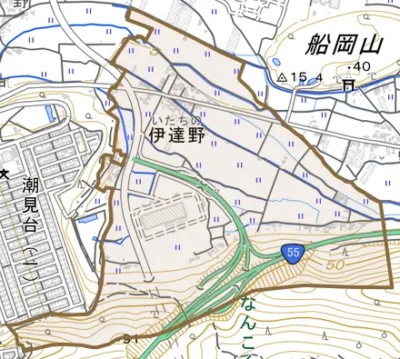 伊達野とその周辺の地図。町の範囲を重ねている