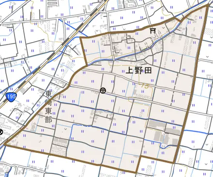 上野田とその周辺の地図。町の範囲を重ねている