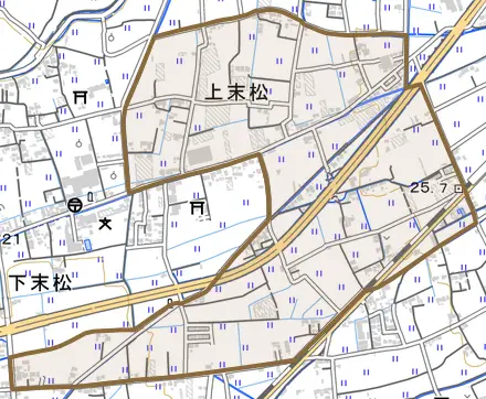 上末松とその周辺の地図。町の範囲を重ねている