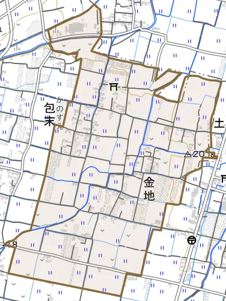 金地とその周辺の地図。町の範囲を重ねている