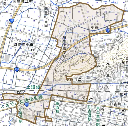 小籠とその周辺の地図。町の範囲を重ねている