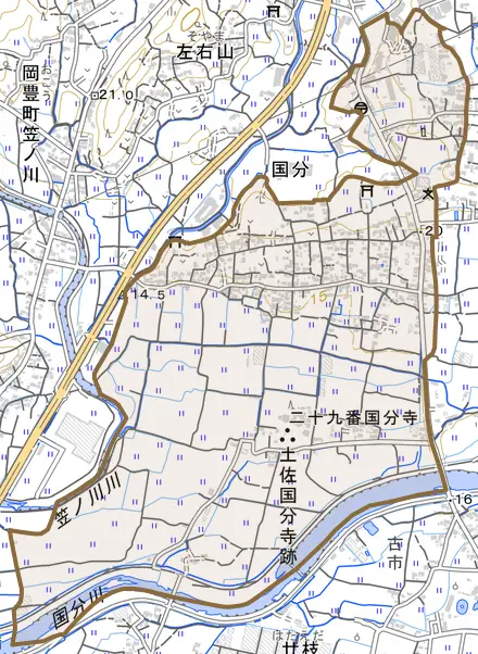 国分とその周辺の地図。町の範囲を重ねている