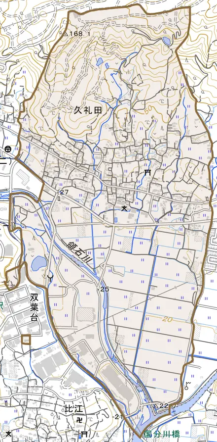 久礼田とその周辺の地図。町の範囲を重ねている