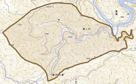 桑ノ川とその周辺の地図。町の範囲を重ねている