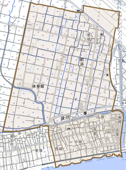 前浜とその周辺の地図。町の範囲を重ねている