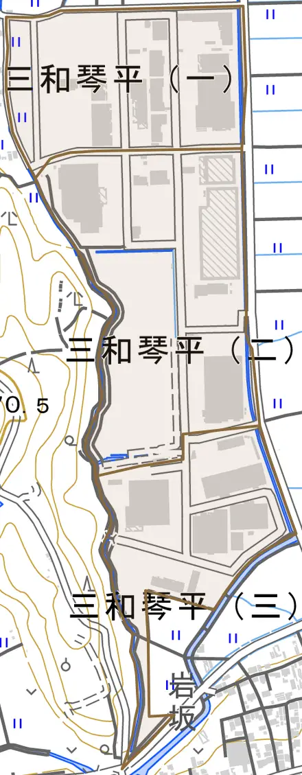 三和琴平とその周辺の地図。町の範囲を重ねている