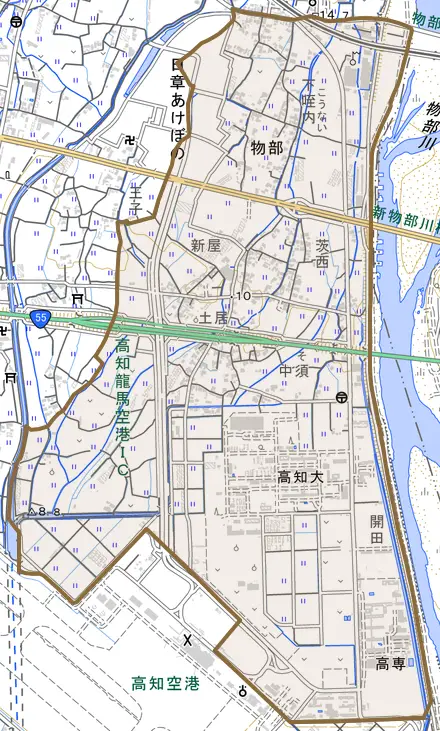 物部とその周辺の地図。町の範囲を重ねている