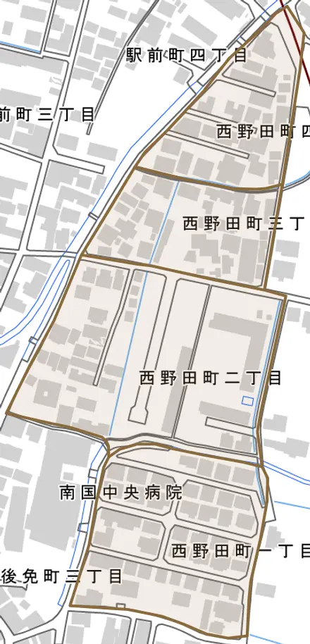 西野田町とその周辺の地図。町の範囲を重ねている