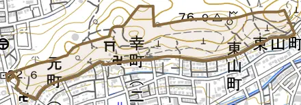 野中とその周辺の地図。町の範囲を重ねている