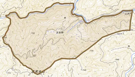 大改野とその周辺の地図。町の範囲を重ねている