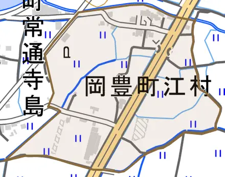 岡豊町江村とその周辺の地図。町の範囲を重ねている