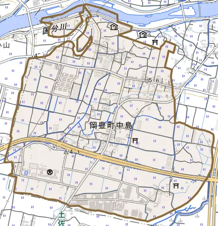 岡豊町中島とその周辺の地図。町の範囲を重ねている
