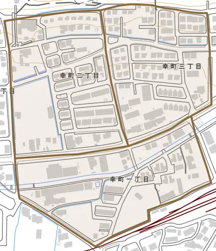 幸町とその周辺の地図。町の範囲を重ねている