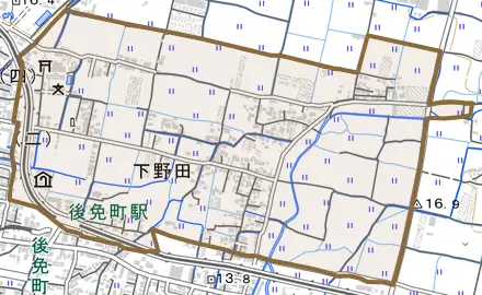 下野田とその周辺の地図。町の範囲を重ねている