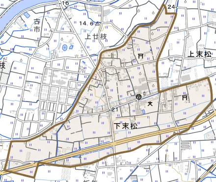 下末松とその周辺の地図。町の範囲を重ねている