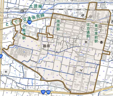 篠原とその周辺の地図。町の範囲を重ねている