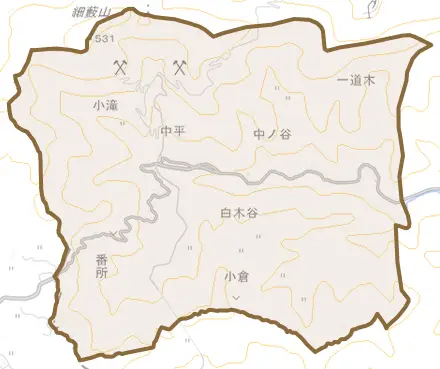白木谷とその周辺の地図。町の範囲を重ねている