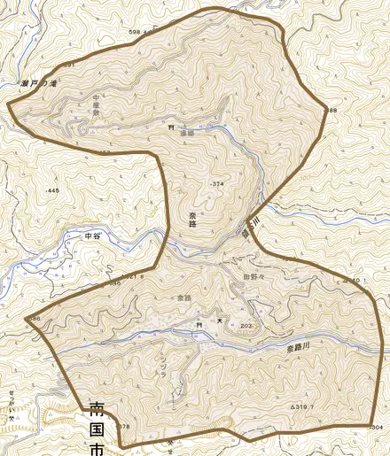 奈路とその周辺の地図。町の範囲を重ねている