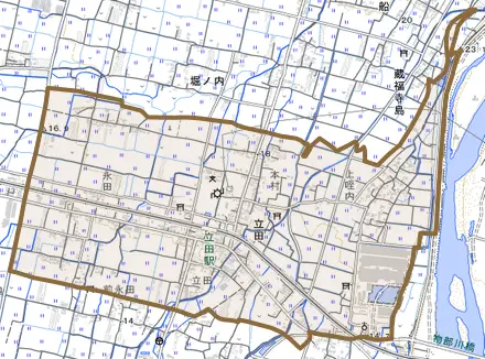 立田とその周辺の地図。町の範囲を重ねている
