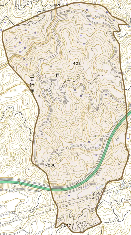 天行寺とその周辺の地図。町の範囲を重ねている