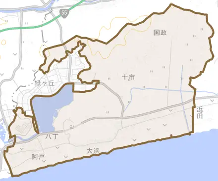 十市とその周辺の地図。町の範囲を重ねている