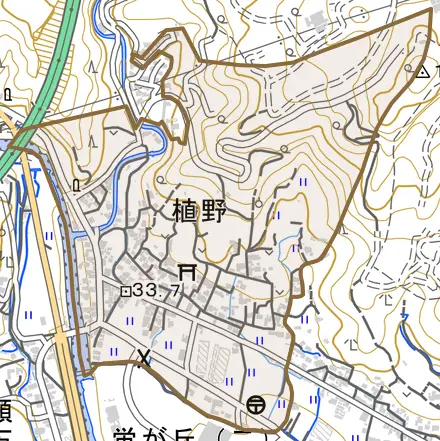 植野とその周辺の地図。町の範囲を重ねている