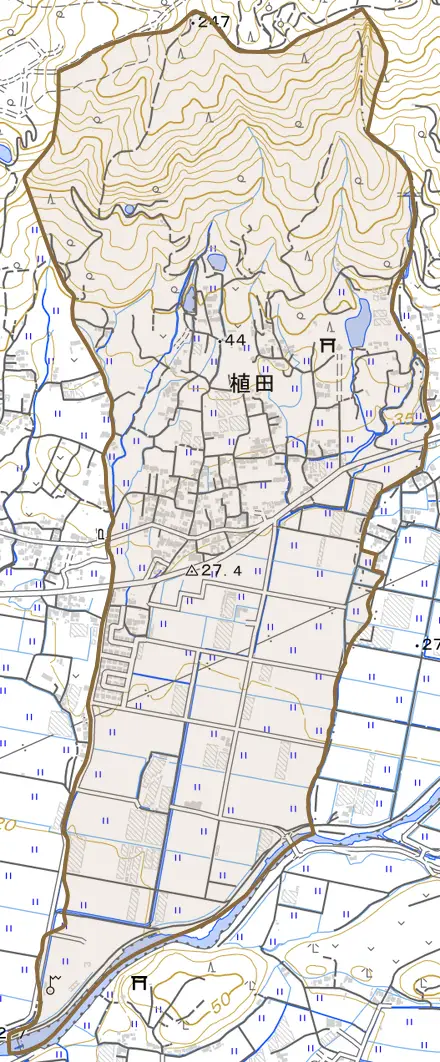 植田とその周辺の地図。町の範囲を重ねている