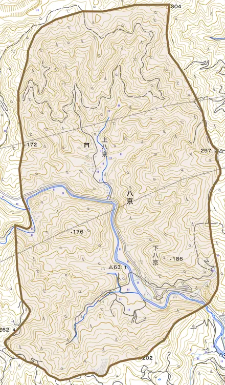 八京とその周辺の地図。町の範囲を重ねている