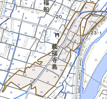 蔵福寺島とその周辺の地図。町の範囲を重ねている